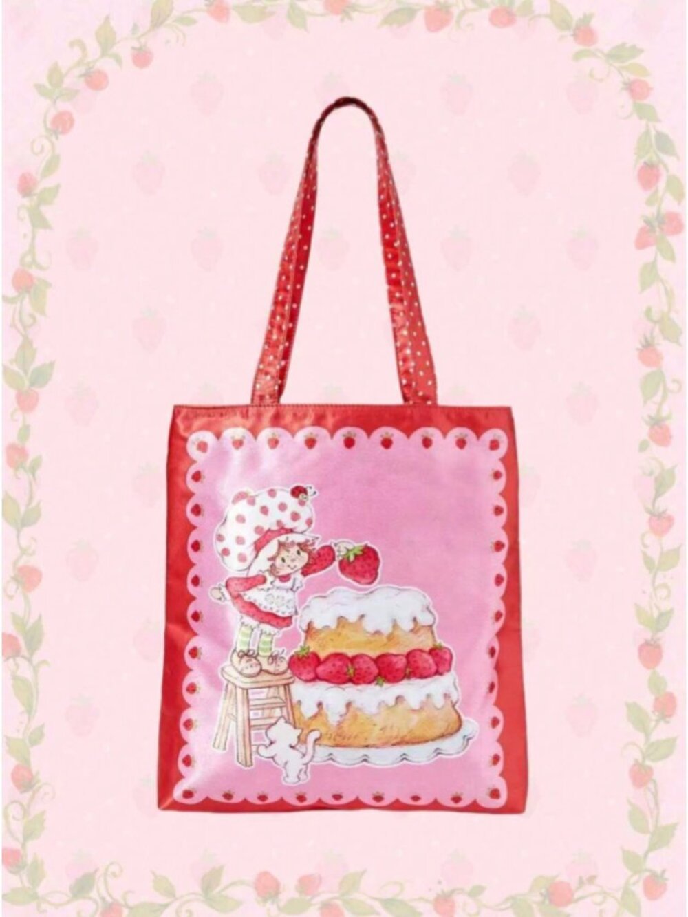 Strawberry Shortcake Satin Oversized Tote Bag – Cute Retro Cartoon Shopper Purse
